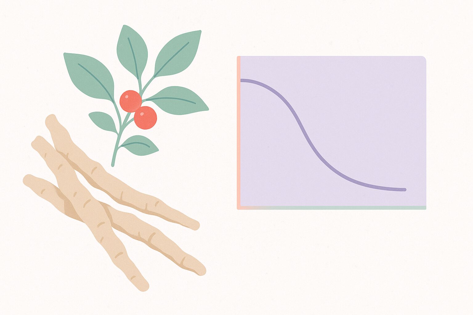 Editorial illustration of ashwagandha root with a stylized cortisol curve