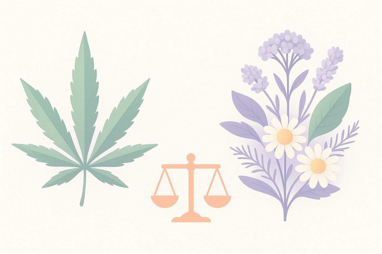 Editorial illustration of a hemp leaf beside botanical herbs in a balanced scale
