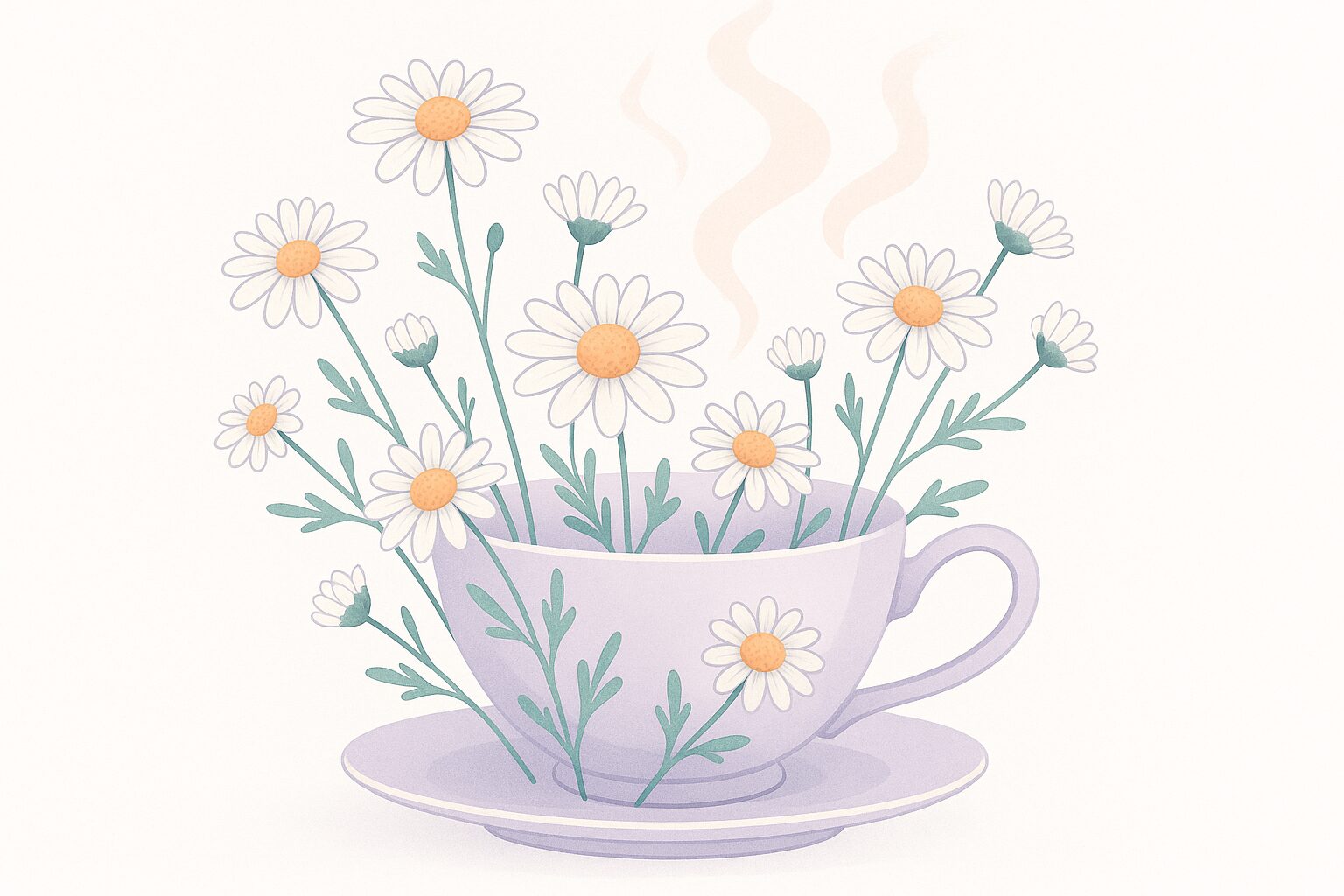 Editorial illustration of chamomile flowers in a teacup with steam