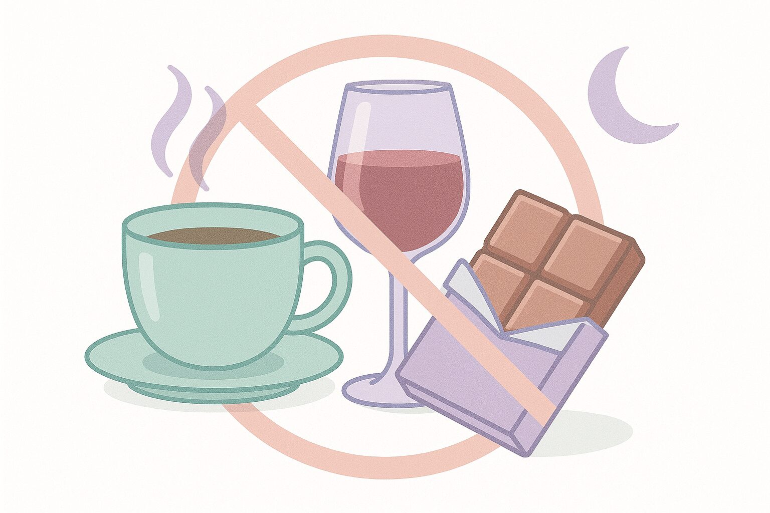 Editorial illustration of coffee cup, wine glass, and chocolate with a no-symbol over them