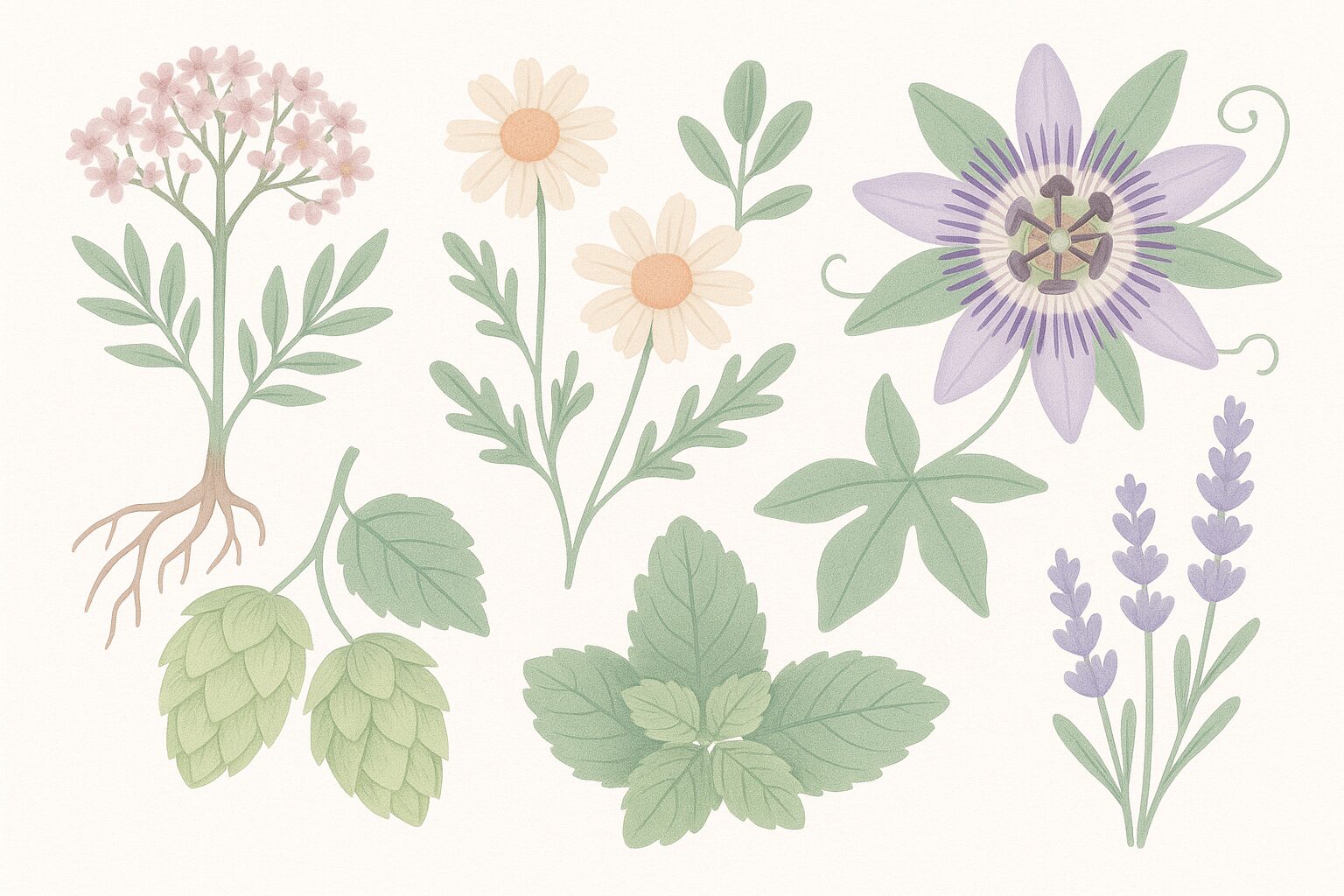 Editorial illustration of nine sleep herbs arranged in a soft grid