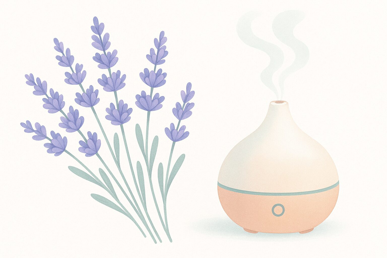 Editorial illustration of lavender sprigs with a diffuser releasing soft steam