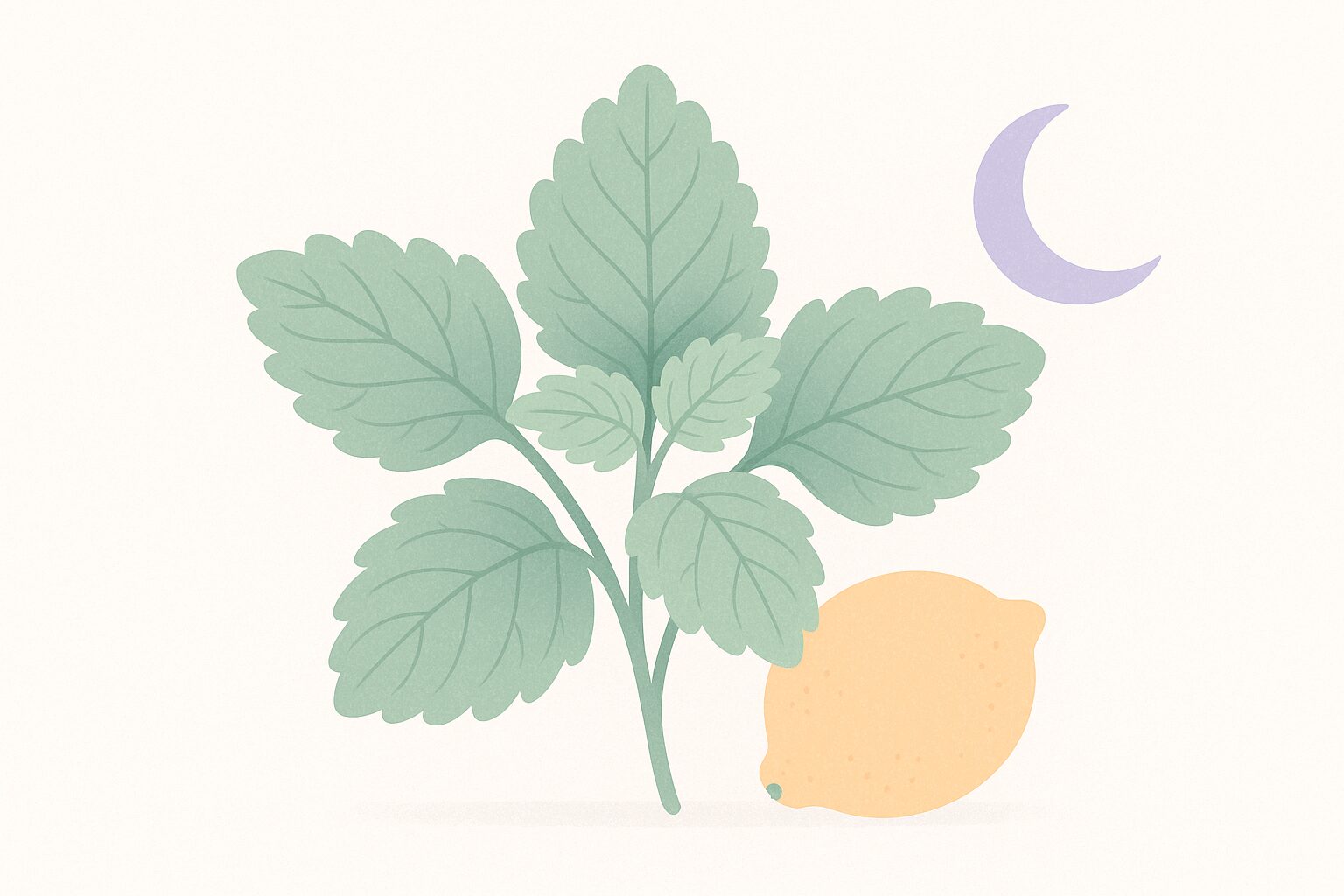 Editorial illustration of lemon balm leaves with a small lemon icon