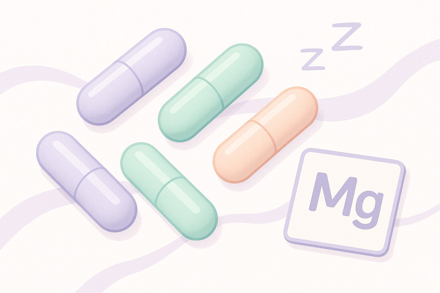 Editorial illustration of magnesium supplement capsules with a sleep-wave overlay