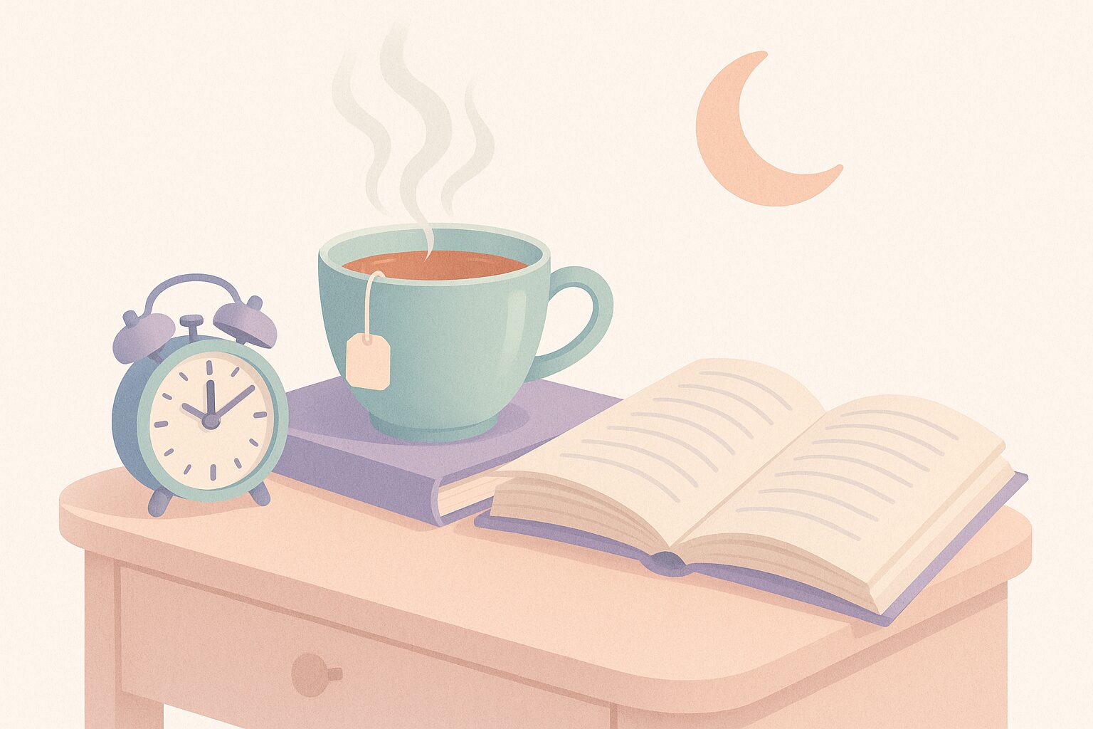 Editorial illustration of a nightstand with herbal tea, a clock, and a moon