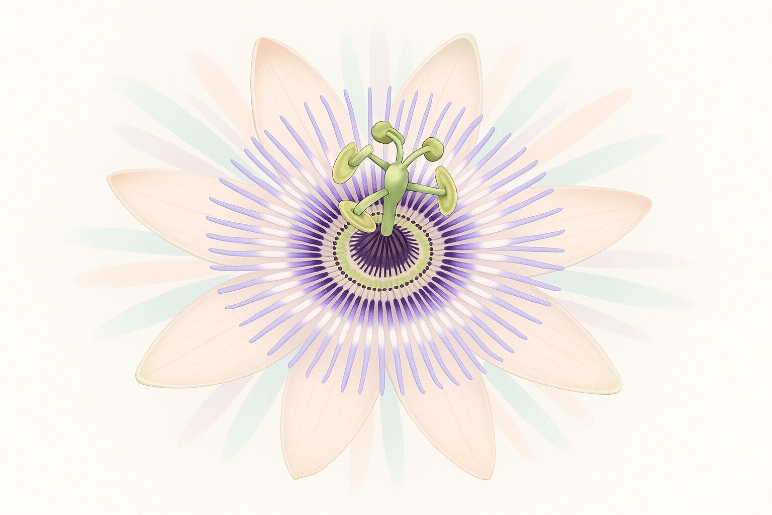 Editorial illustration of an open passionflower bloom with soft calming rays