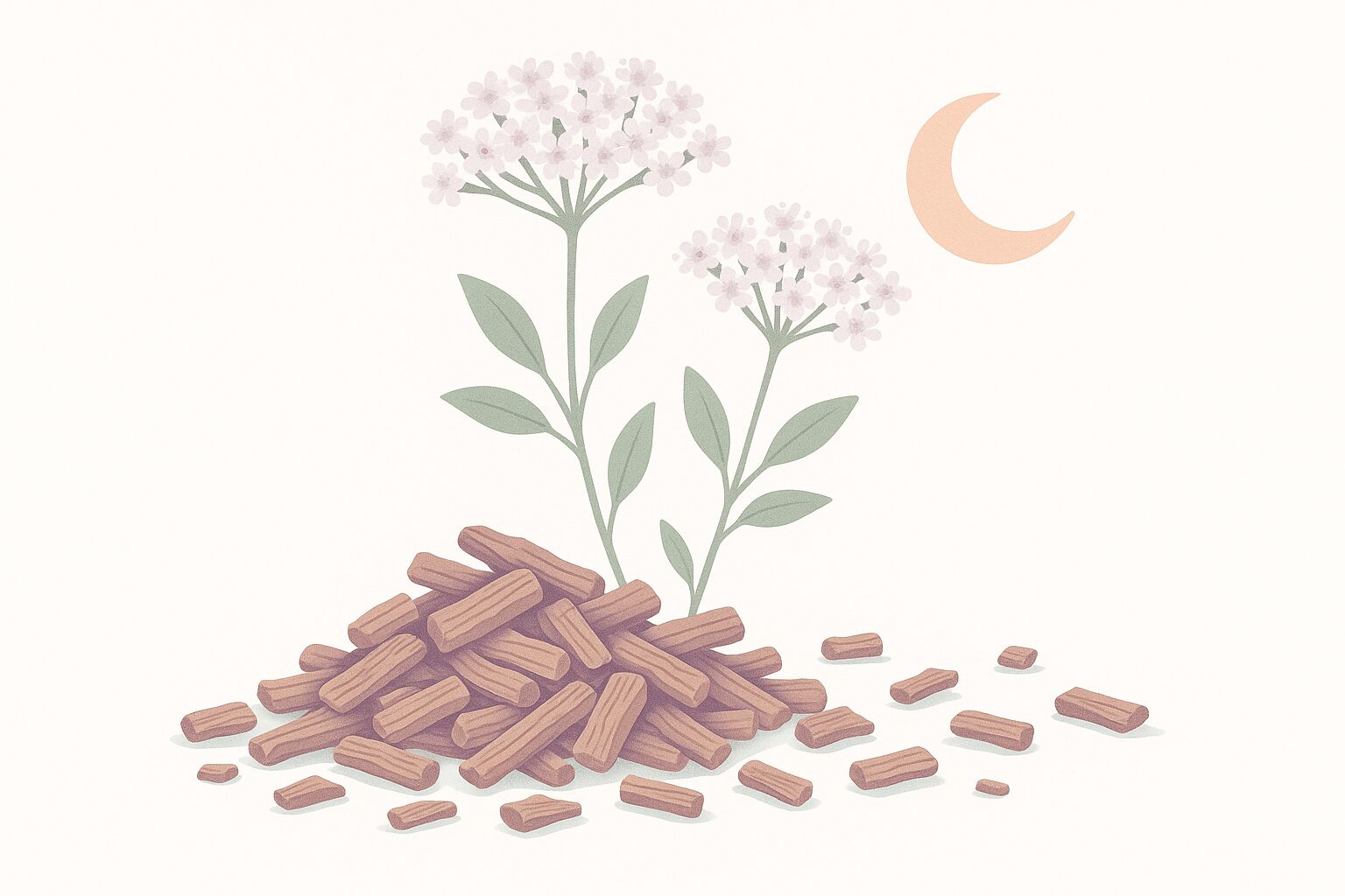 Editorial illustration of dried valerian root with a crescent moon icon